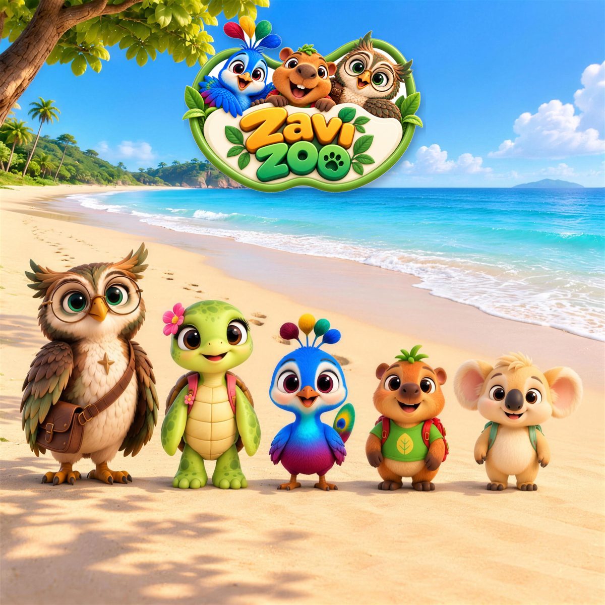 The Zavi Zoo cast: an owl, a turtle, a peacock, a capybara and a koala on a beach
